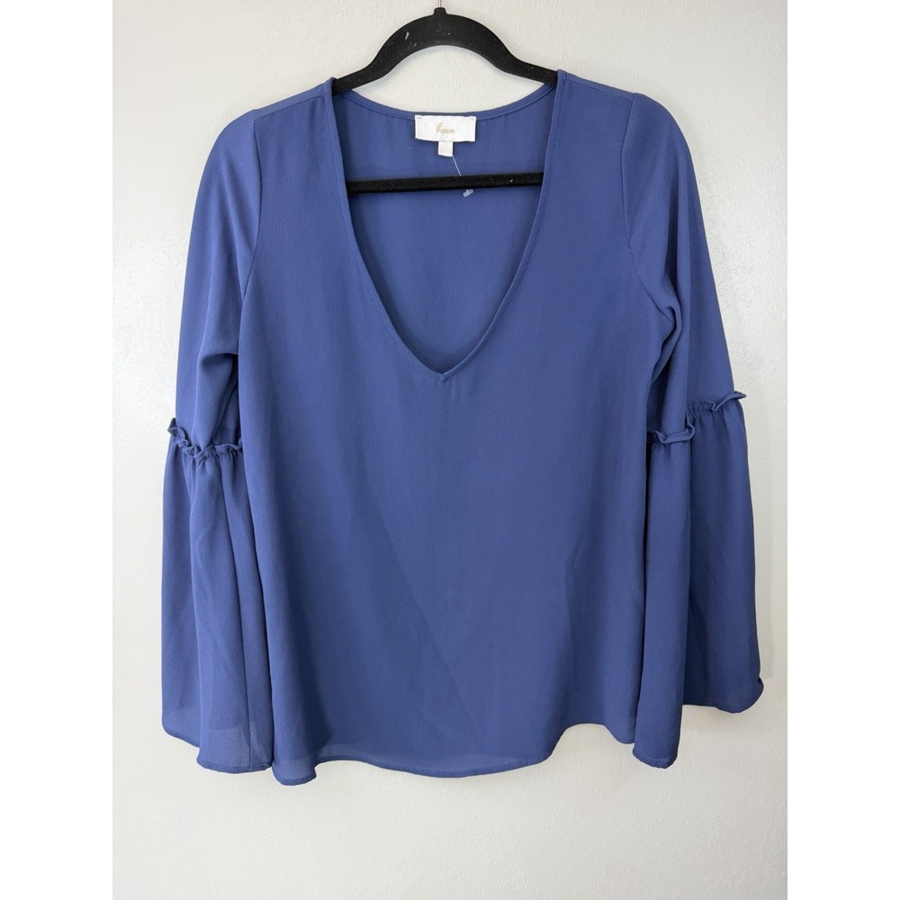 Braeve Navy Blue V Neck Blouse With Ruffled Sleeves Size M
